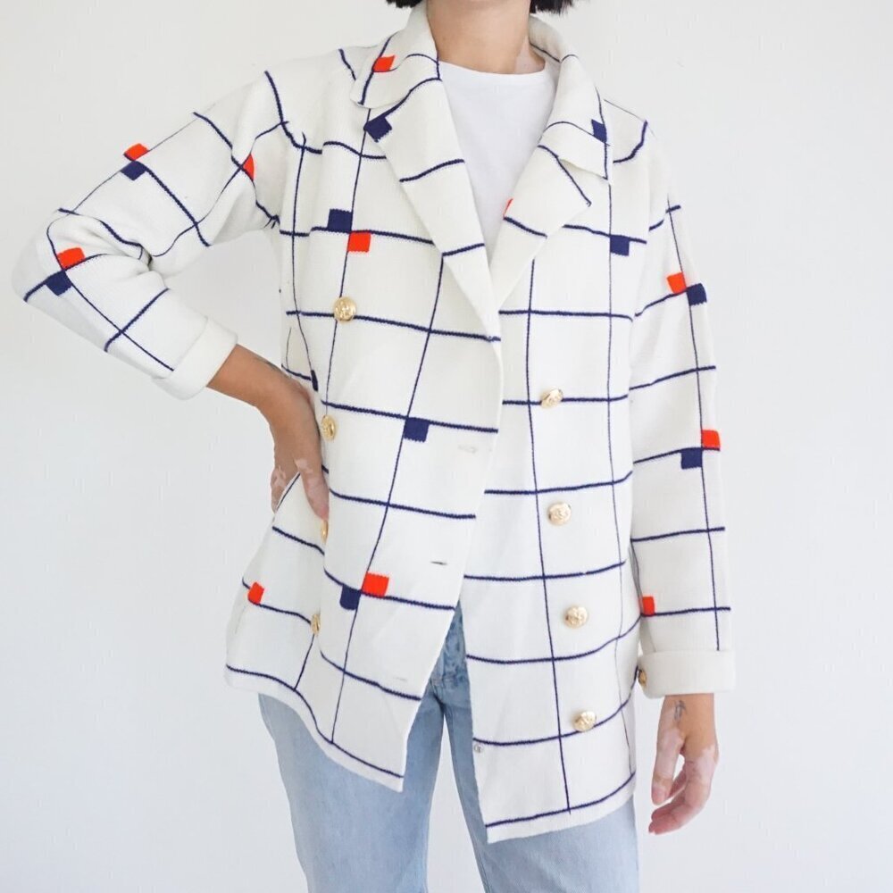 VTG Lily of California White Grid Pattern Gold Button Knit Preppy Cardigan L